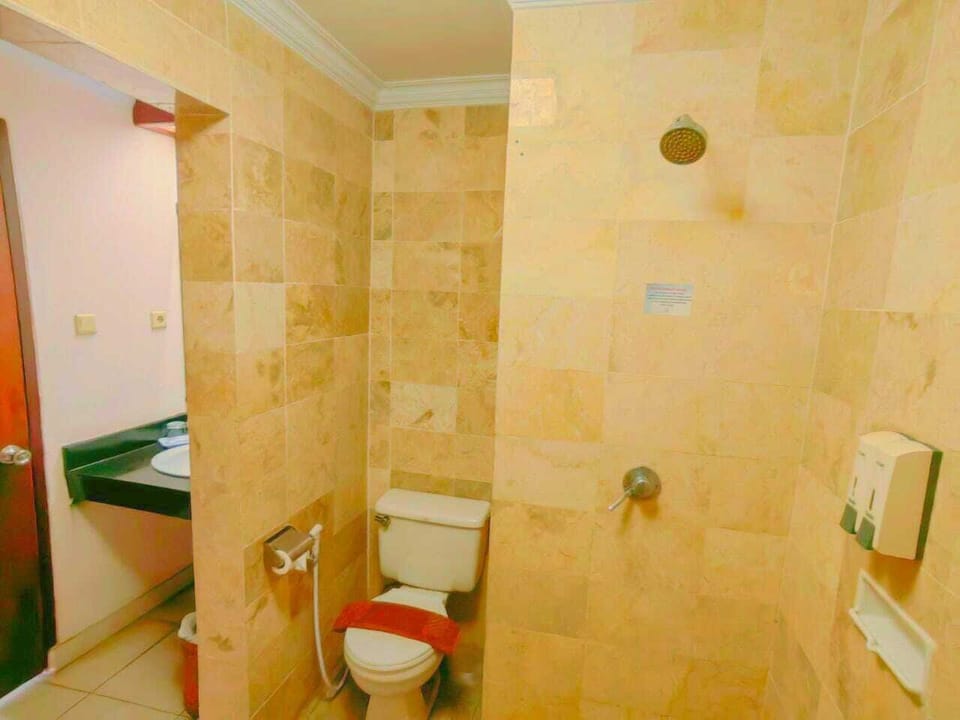 Shower, free toiletries, slippers, towels