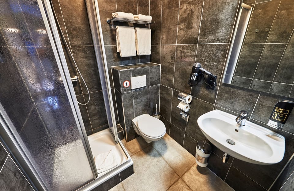 Shower, free toiletries, hair dryer, towels
