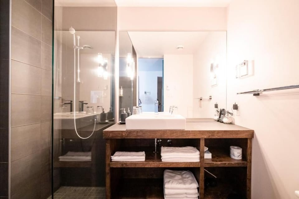 Shower, free toiletries, hair dryer, towels