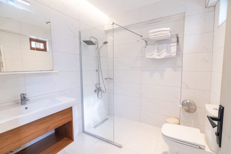 Shower, rainfall showerhead, free toiletries, hair dryer