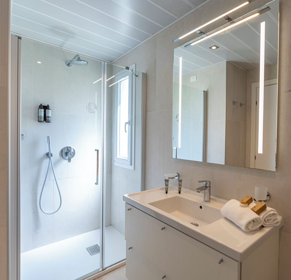 Shower, free toiletries, hair dryer, bidet