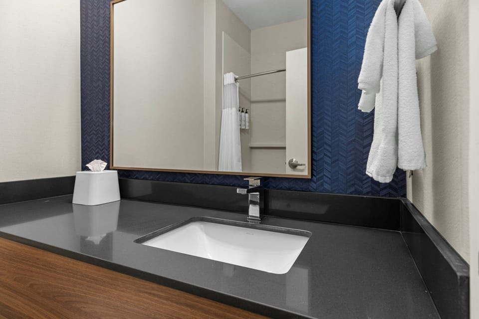 Combined shower/tub, free toiletries, hair dryer, towels