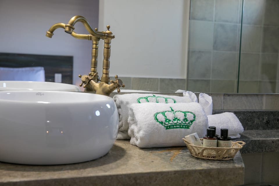 Shower, rainfall showerhead, free toiletries, hair dryer