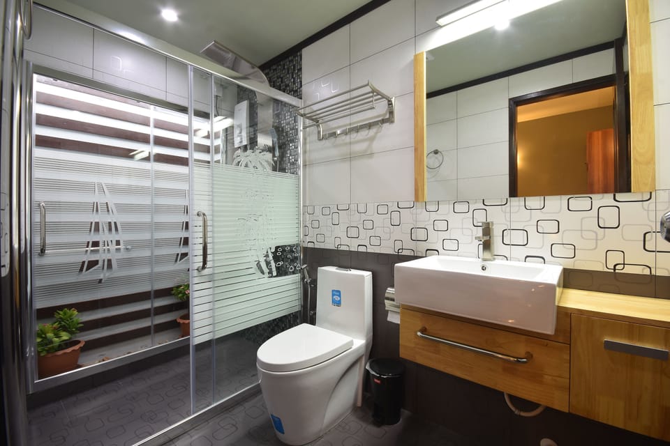 Shower, hydromassage showerhead, free toiletries, hair dryer