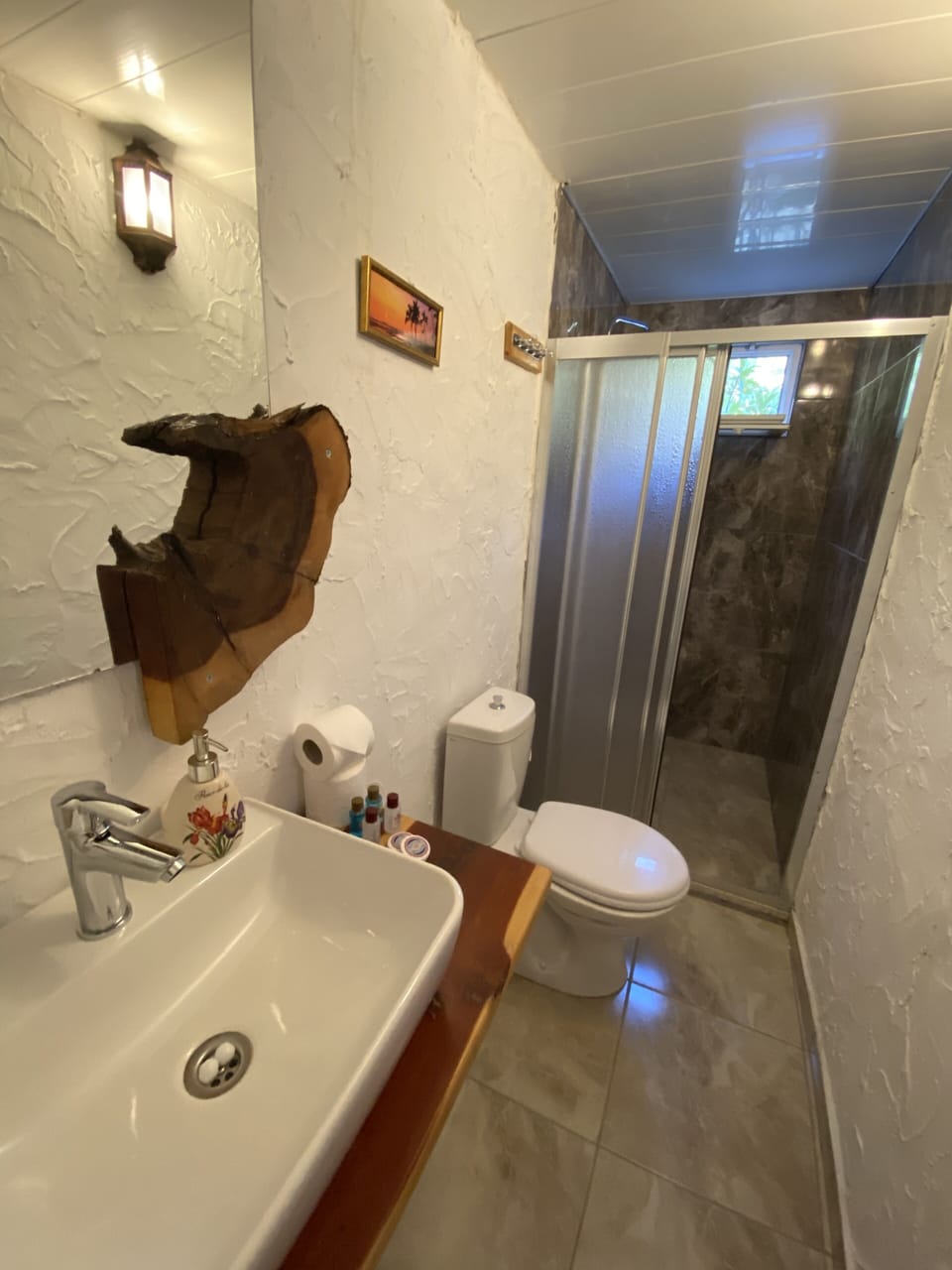 Shower, free toiletries, hair dryer, slippers