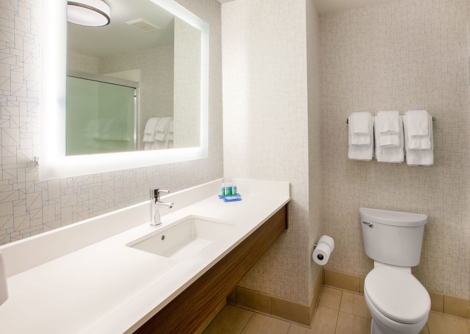 Combined shower/tub, free toiletries, hair dryer, towels