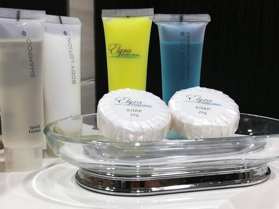 Shower, free toiletries, hair dryer, slippers