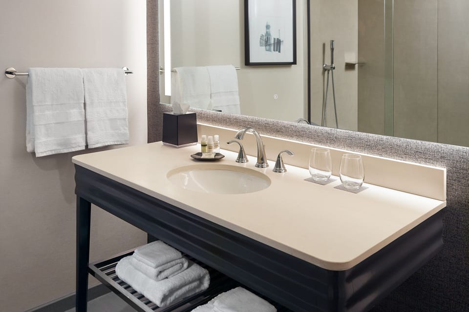 Combined shower/tub, free toiletries, hair dryer, towels