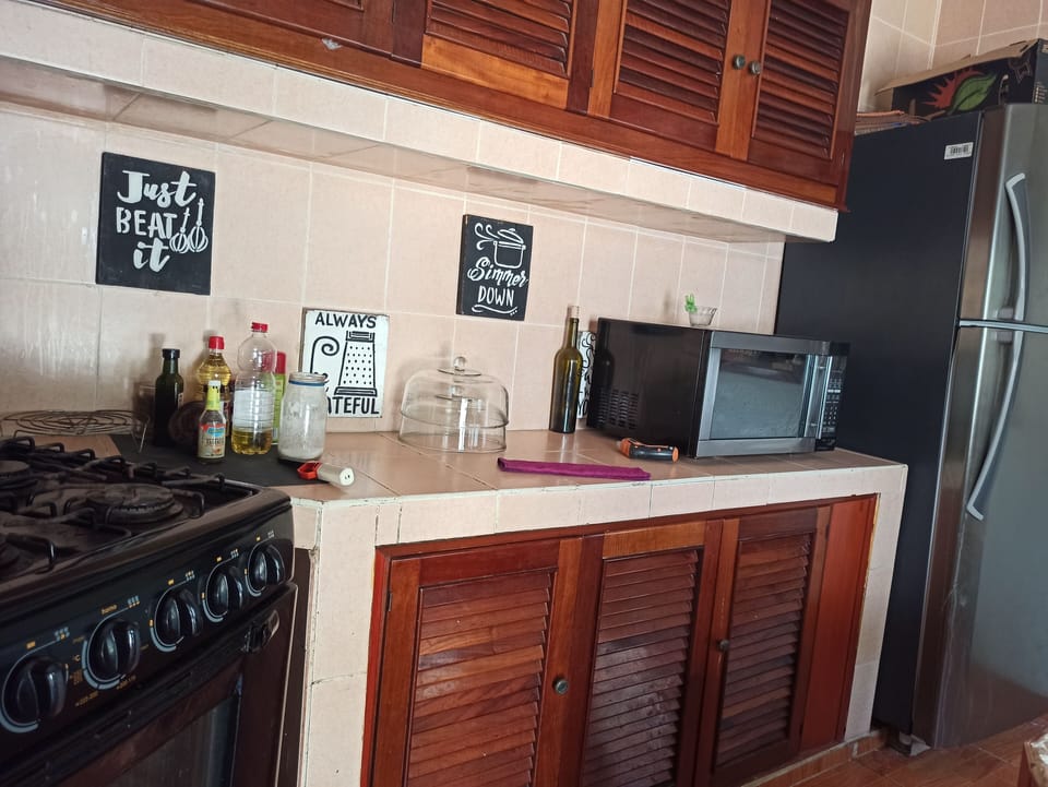Full-size fridge, microwave, blender, toaster oven
