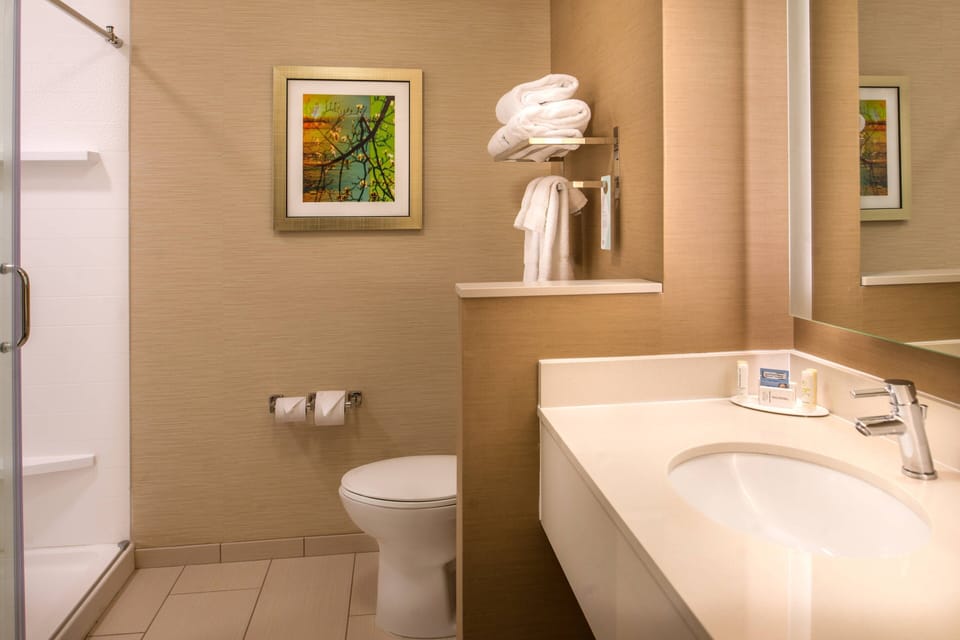 Designer toiletries, hair dryer, towels, soap