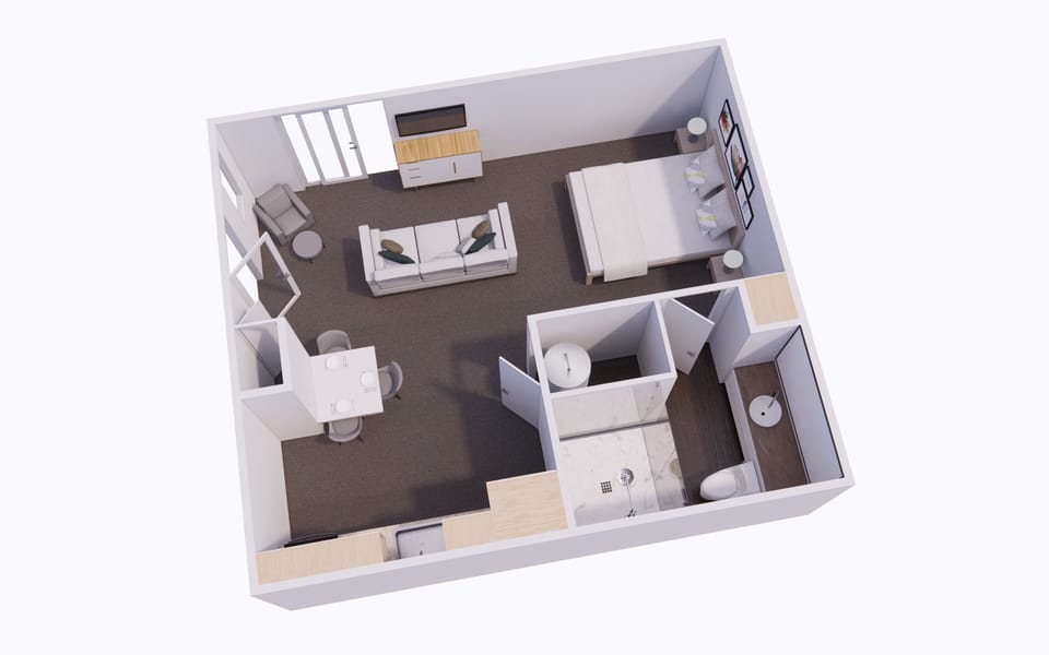 Studio Suite, 1 Queen Bed, Kitchen (Mobility, Roll in Shower) | Hypo-allergenic bedding, down comforters, desk, laptop workspace