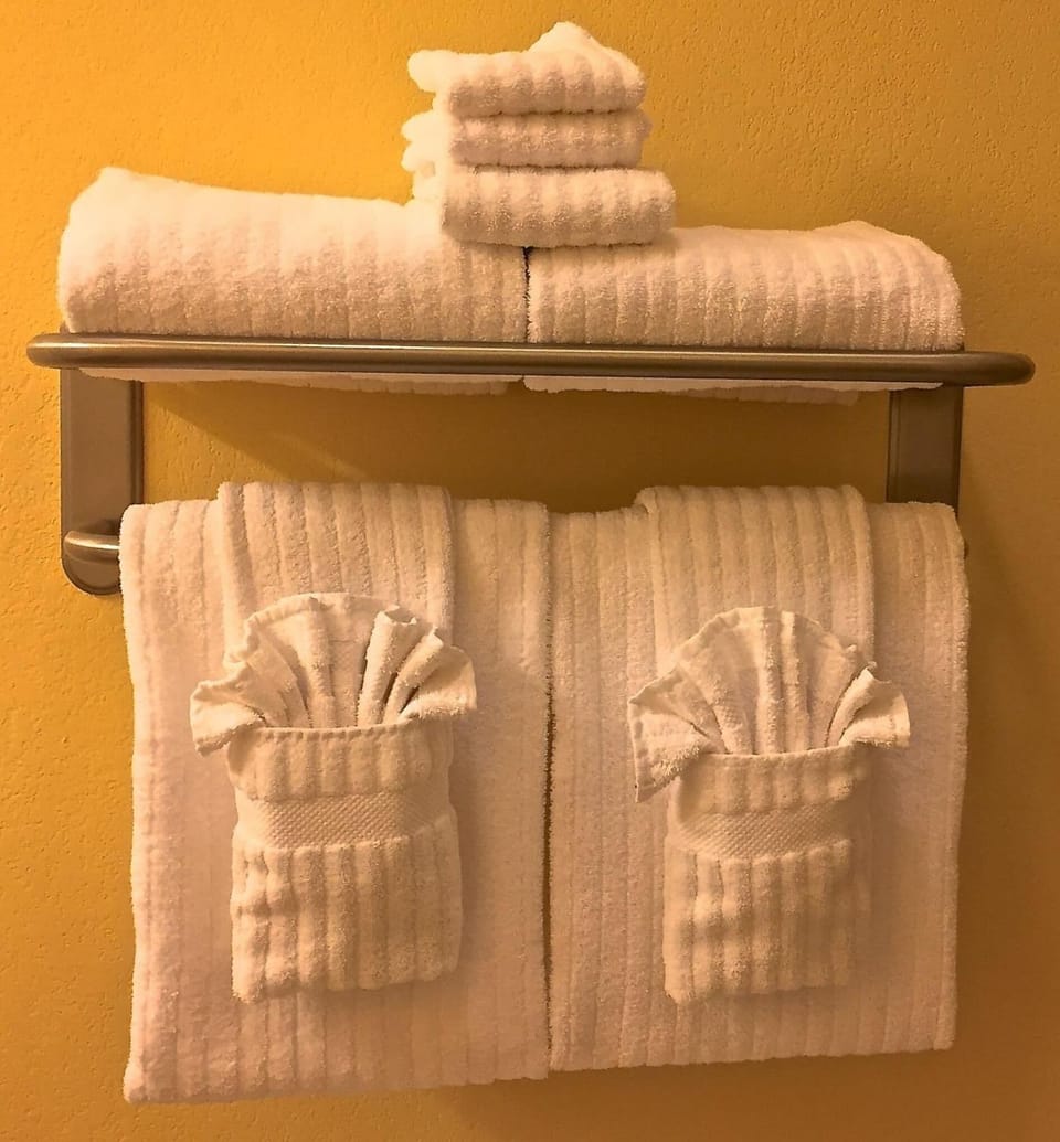 Shower, designer toiletries, hair dryer, towels