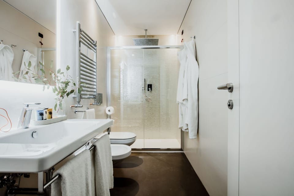 Shower, rainfall showerhead, designer toiletries, hair dryer