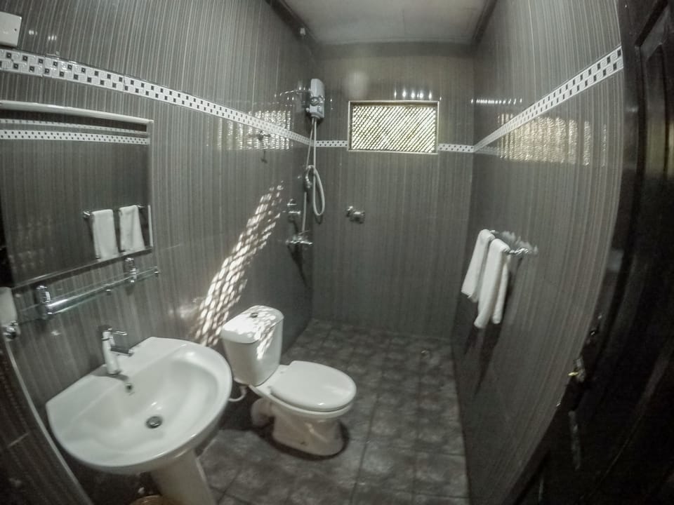 Shower, rainfall showerhead, bidet, towels