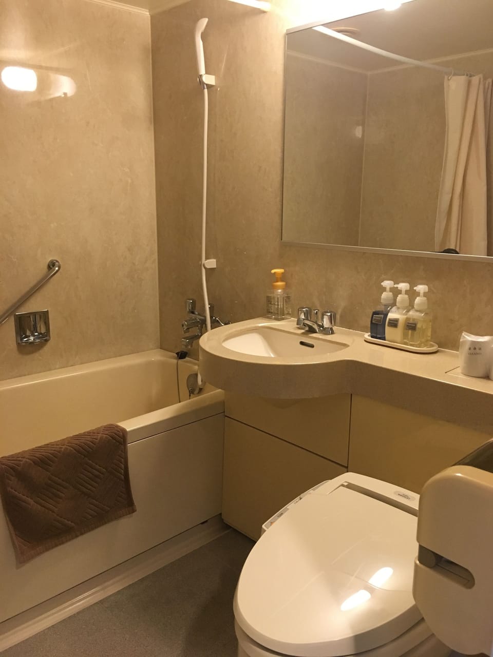 Combined shower/tub, deep soaking tub, free toiletries, hair dryer