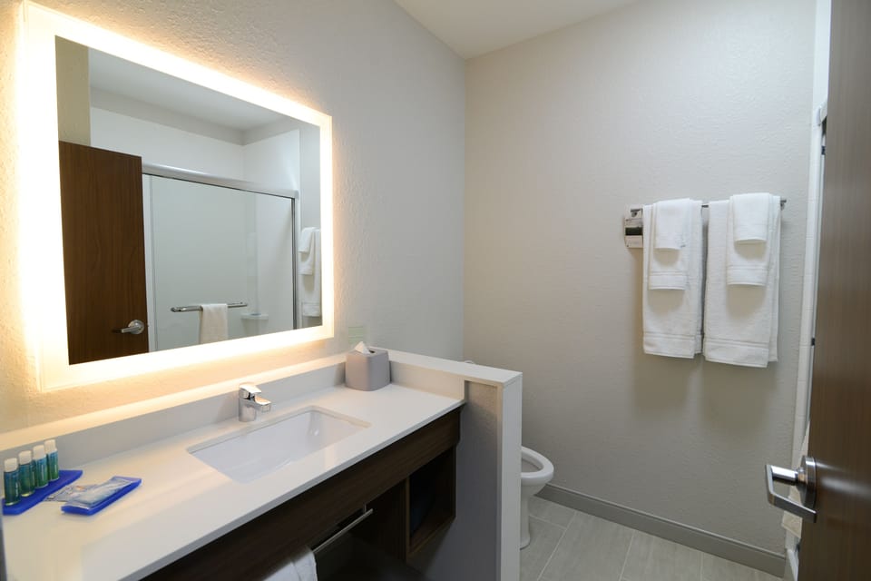 Combined shower/tub, eco-friendly toiletries, hair dryer, towels