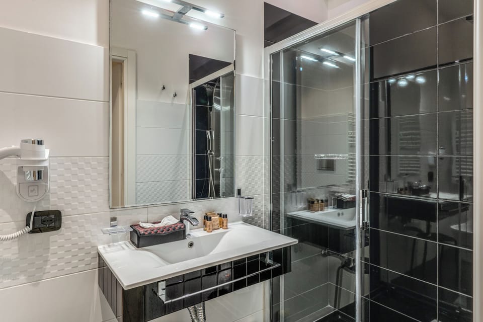 Shower, free toiletries, hair dryer, slippers