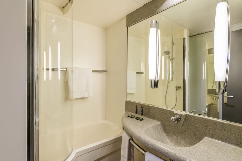 Eco-friendly toiletries, hair dryer, towels