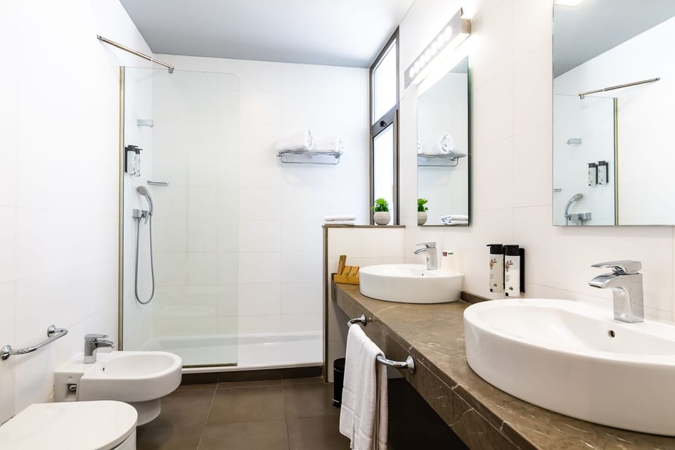 Combined shower/tub, free toiletries, hair dryer, bidet