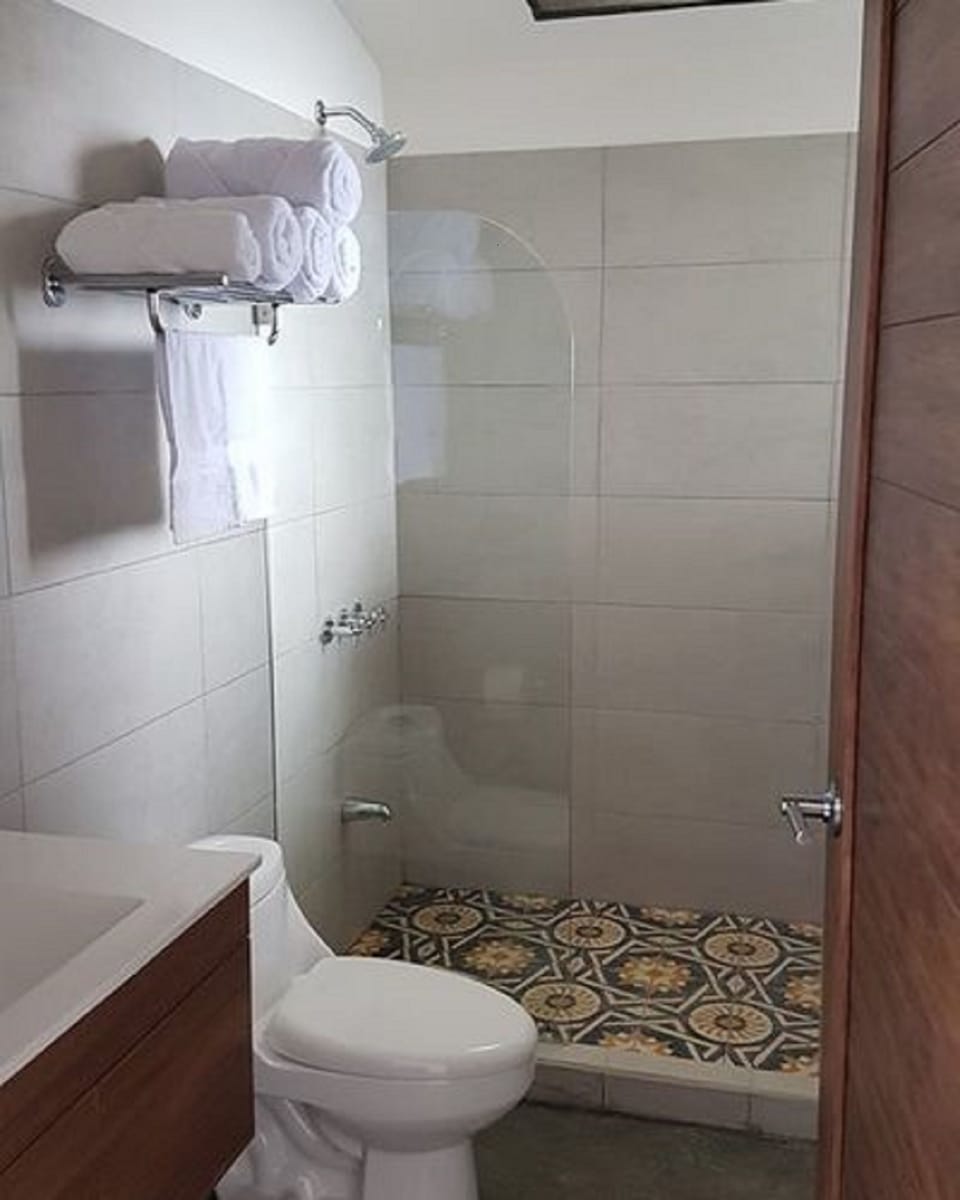 Shower, designer toiletries, towels