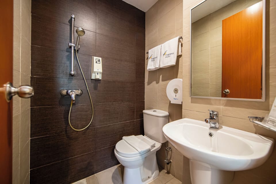Shower, free toiletries, hair dryer, towels