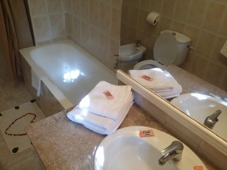 Combined shower/tub, free toiletries, hair dryer, bathrobes