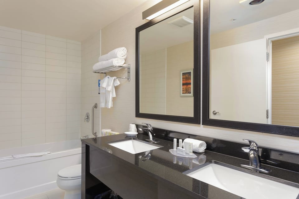 Combined shower/tub, free toiletries, hair dryer, towels