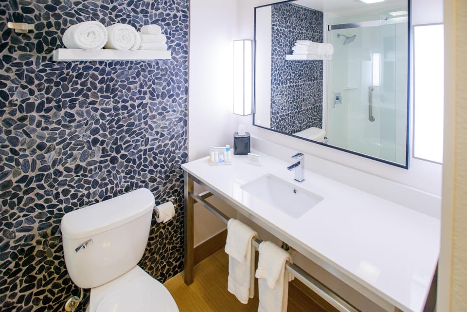 Combined shower/tub, free toiletries, hair dryer, towels