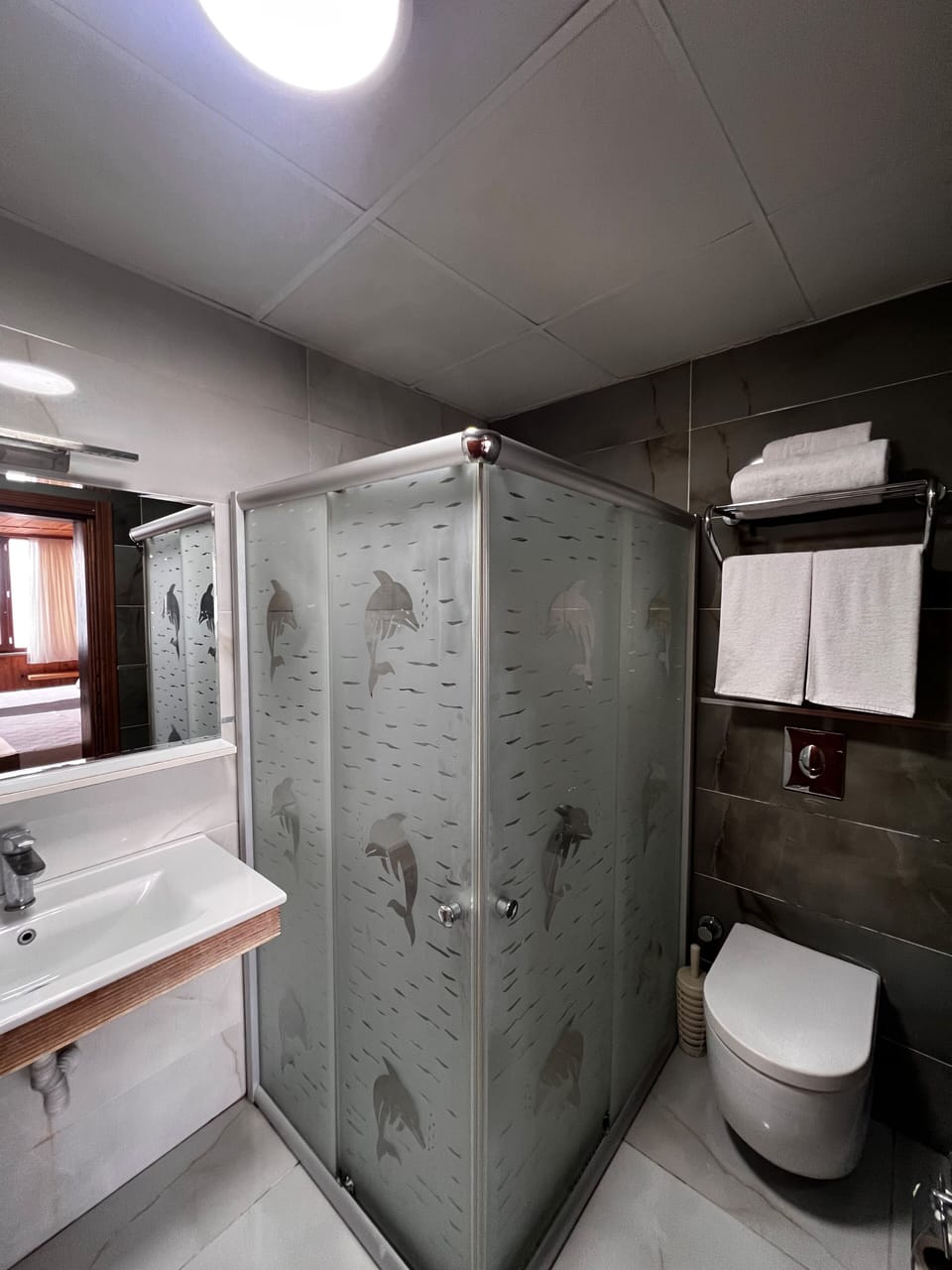 Shower, free toiletries, hair dryer, slippers