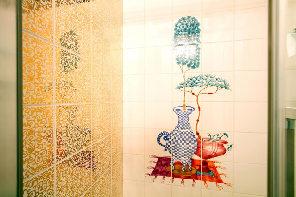 Shower, rainfall showerhead, slippers, bidet