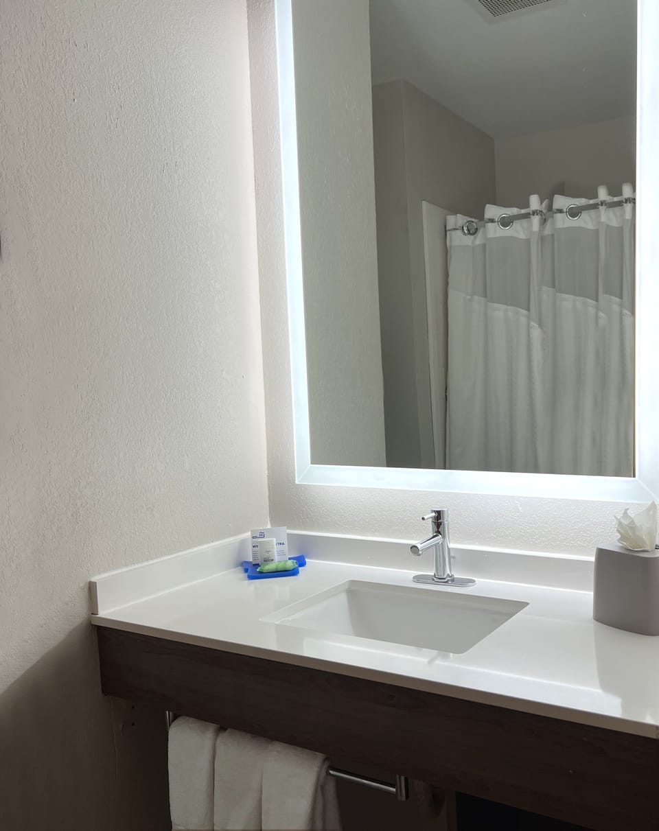 Eco-friendly toiletries, hair dryer, towels