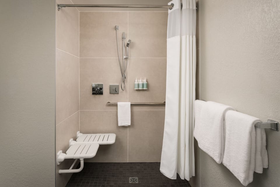 Combined shower/tub, eco-friendly toiletries, hair dryer, towels