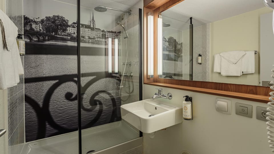 Eco-friendly toiletries, hair dryer, towels
