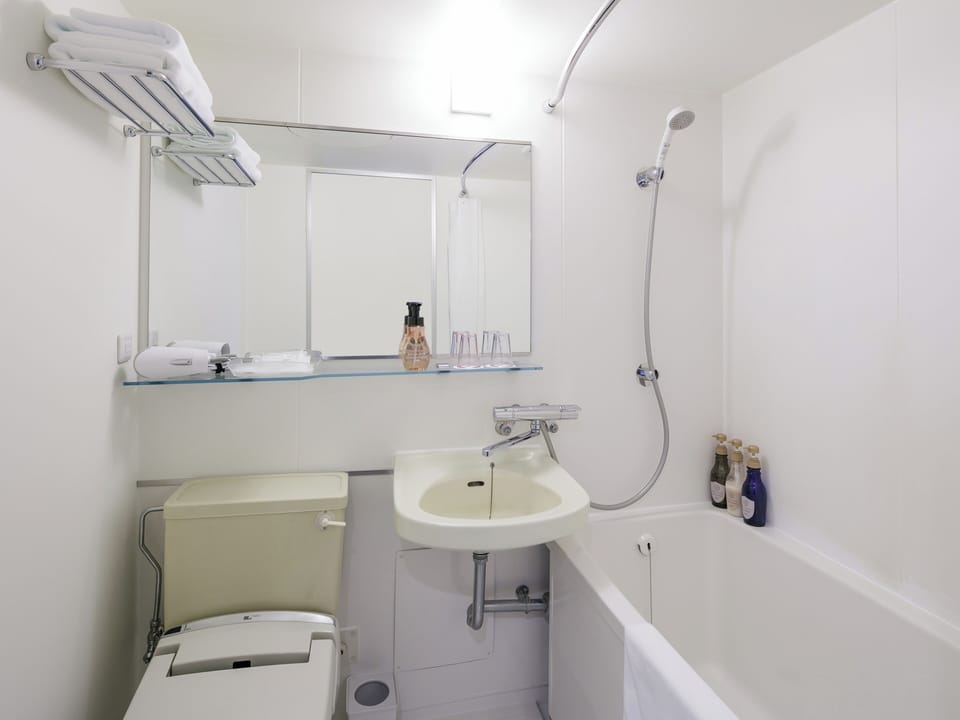 Combined shower/tub, free toiletries, hair dryer, slippers