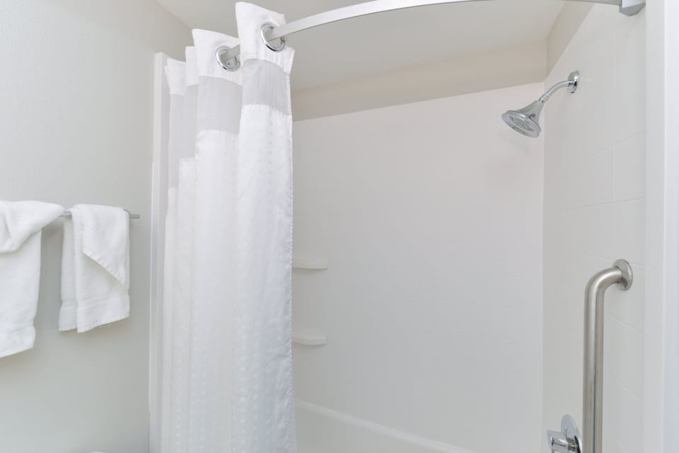 Combined shower/tub, free toiletries, hair dryer, towels