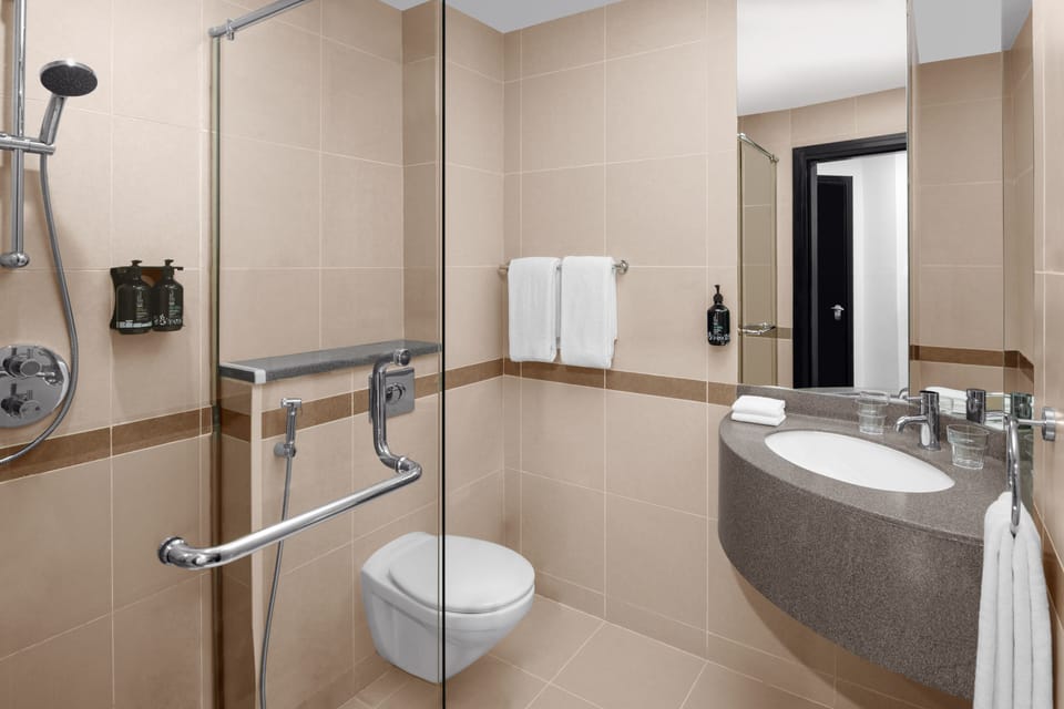 Shower, hair dryer, towels
