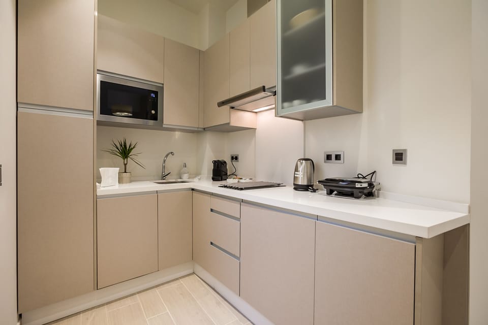 Deluxe Apartment, 1 Bedroom, 2 Bathrooms (2A) | Private kitchen | Full-size fridge, microwave, stovetop, dishwasher