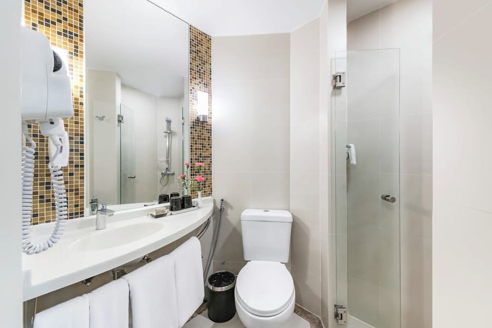 Shower, eco-friendly toiletries, hair dryer, towels