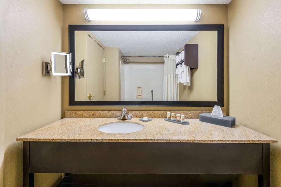 Combined shower/tub, free toiletries, hair dryer, towels