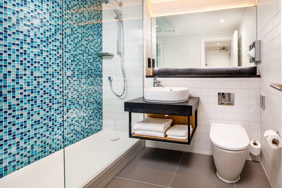Combined shower/tub, free toiletries, hair dryer, towels