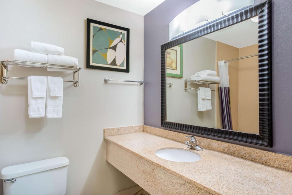 Combined shower/tub, free toiletries, hair dryer, towels
