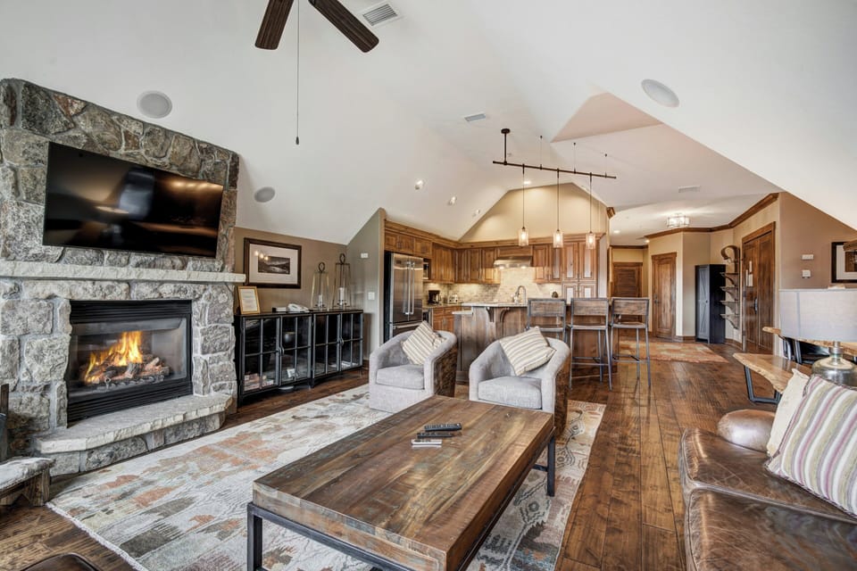 1-inch TV with cable channels, fireplace, DVD player