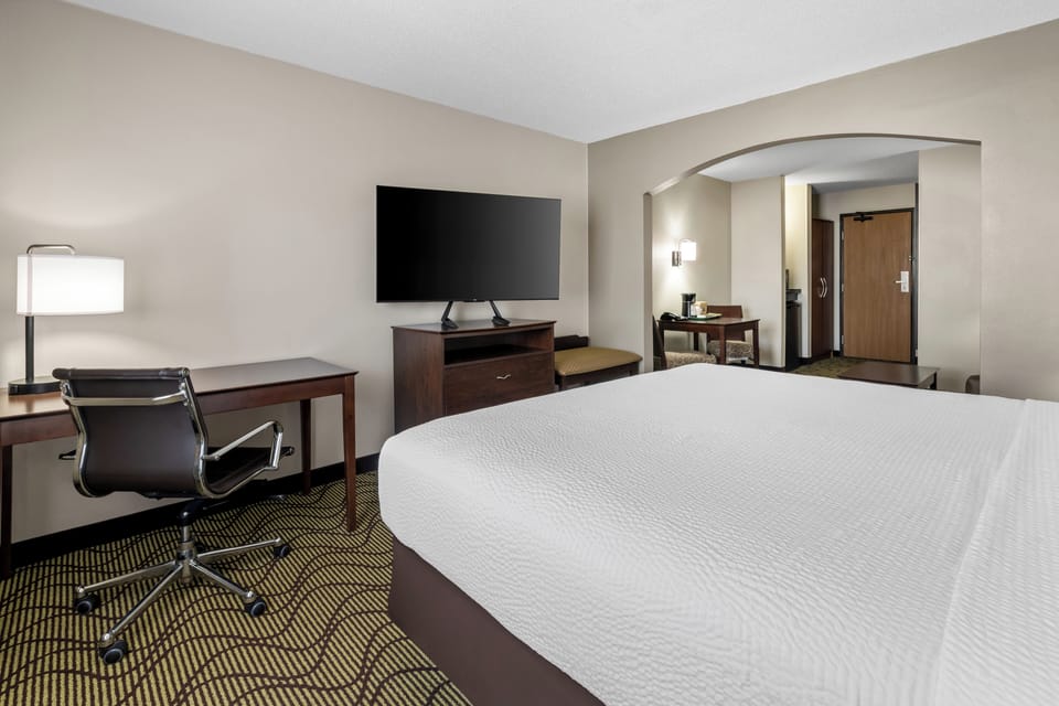 Studio Suite, 1 King Bed, Non Smoking | Desk, laptop workspace, blackout drapes, iron/ironing board