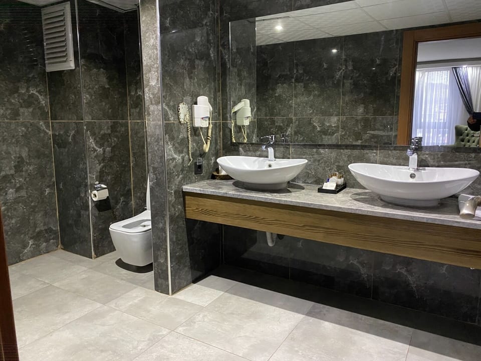 Shower, free toiletries, hair dryer, slippers