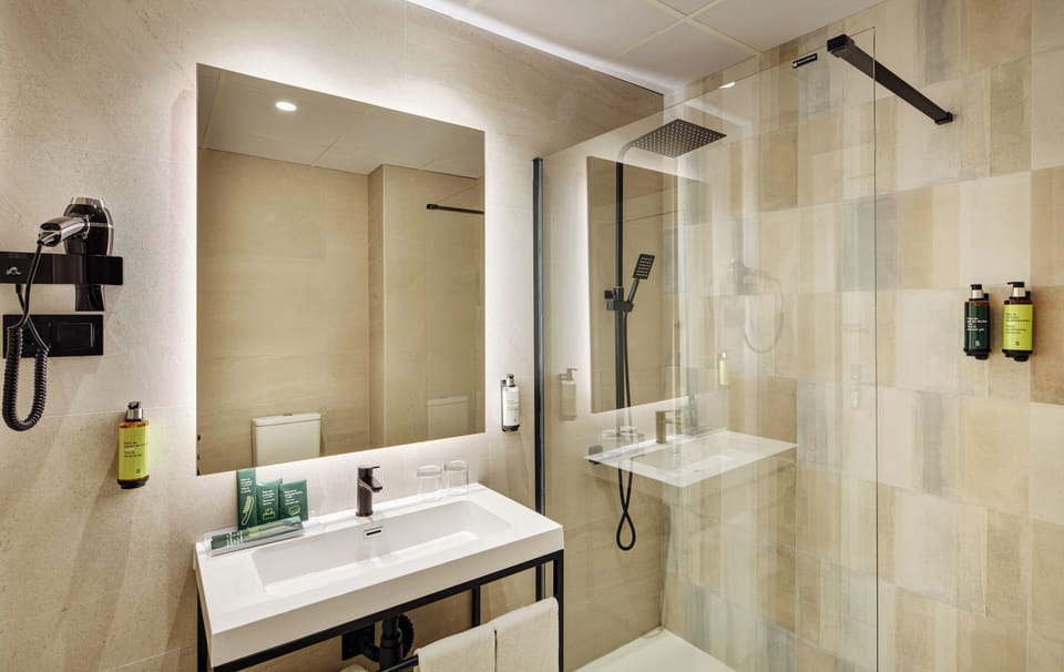 Shower, free toiletries, hair dryer, slippers