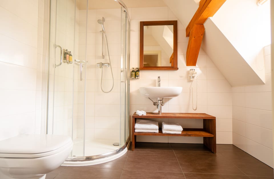 Deluxe Plus | Bathroom | Combined shower/tub, designer toiletries, hair dryer, bathrobes