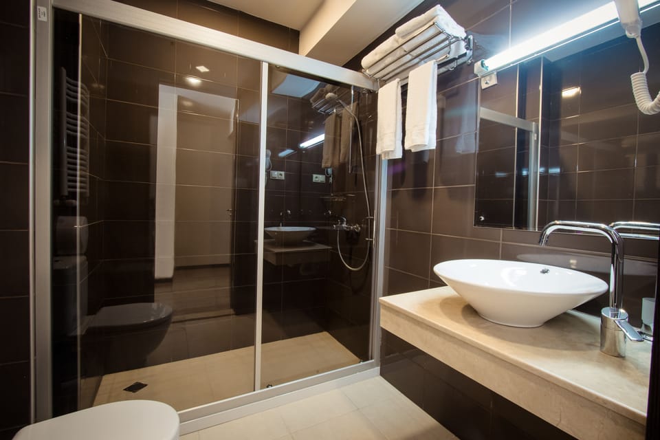 Shower, free toiletries, hair dryer, slippers