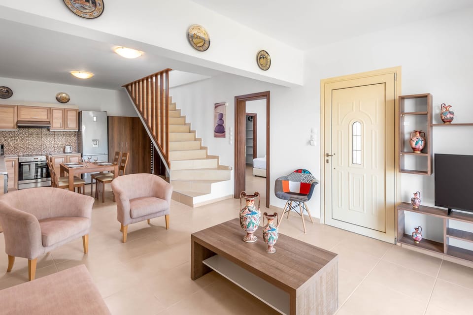 Maisonette 2 Bedrooms, Private Pool, Mountain View | Living area | 32-inch flat-screen TV with satellite channels, TV, DVD player