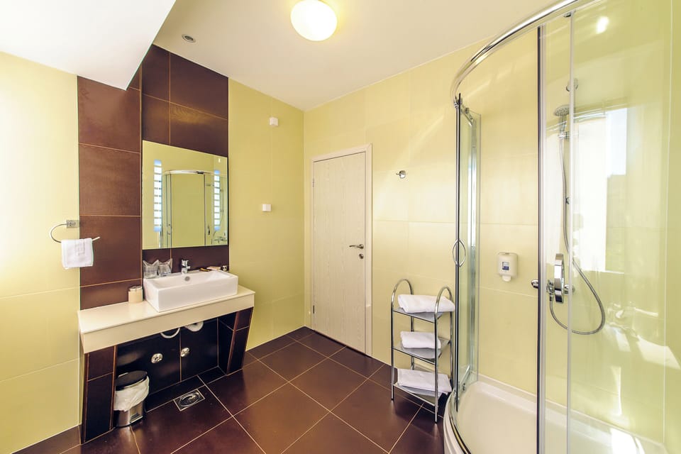 Shower, free toiletries, hair dryer, bathrobes