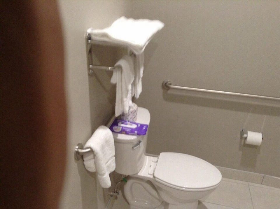 Combined shower/tub, free toiletries, towels